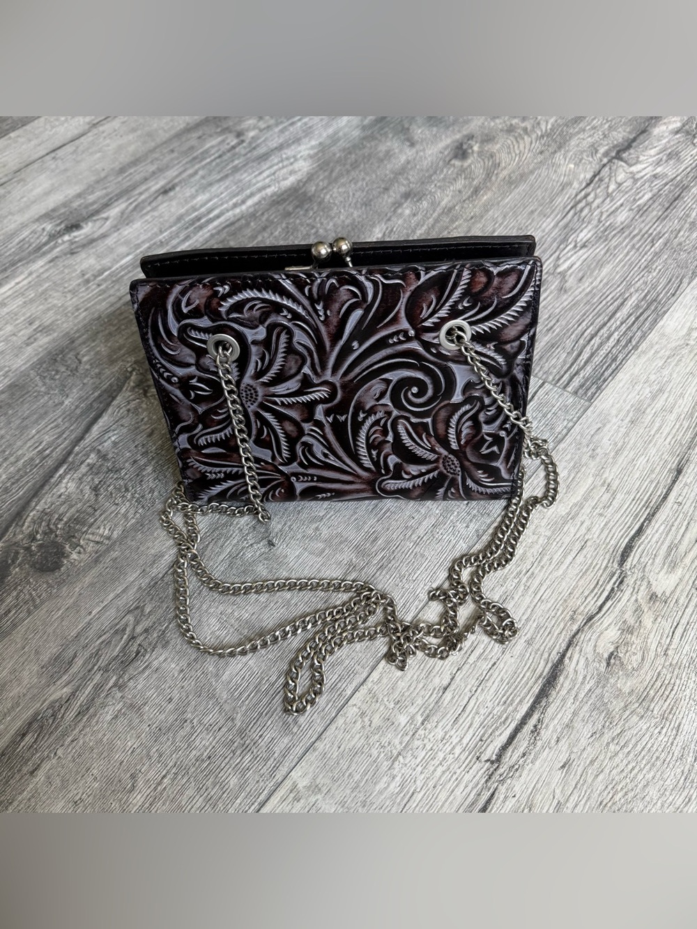 Patricia Nash Margutta Frame Clutch Purse in Black Tuscan Tooled Leather